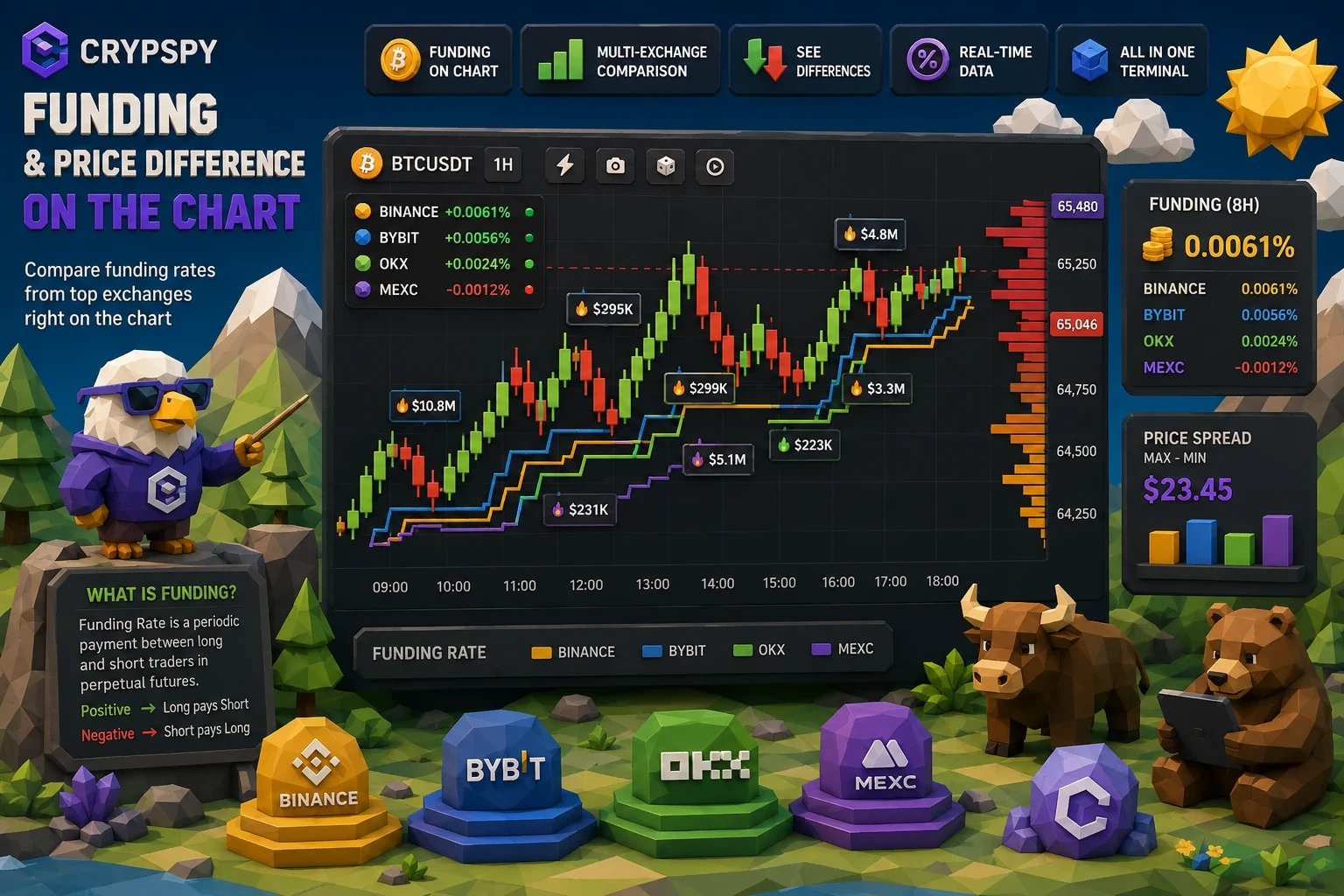 Фандинг і різниця цін на біржах прямо на графіку: Binance, OKX, MEXC і Bybit